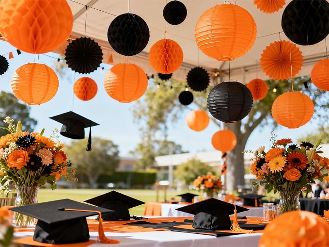 ZOOYOO 10Pcs Paper Lanterns,Black Orange Round Hanging Tissue Paper Lanterns Decorations for Kids Birthday,Graduation,Halloween,Theme Party Garden Home Decor