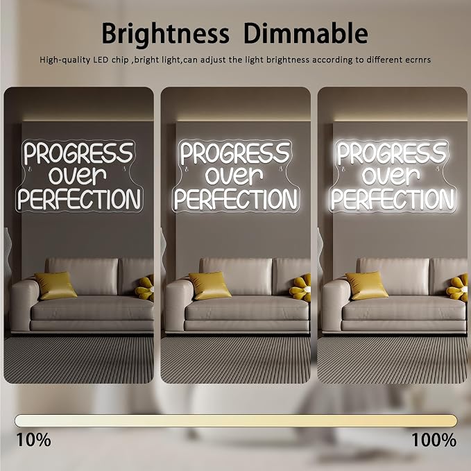 Progress Over Perfection Neon Sign, LED Dimmable Inspirational Classroom Positive Neon Sign, USB Powered for Motivational Classroom Decor Positive Affirmation Mental Office(15.7 * 9 in)