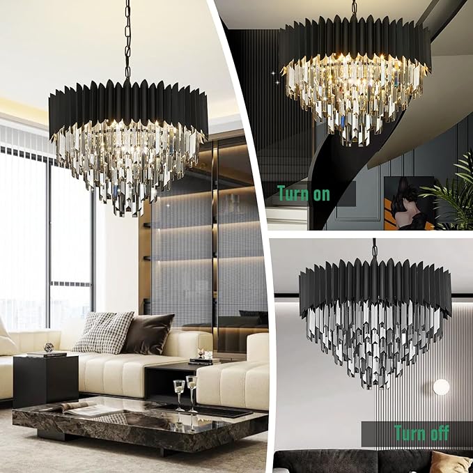 8-Light Large Crystal Chandeliers 24" Dining Room Light Fixture 5-Tier Flush Mount Smoke Gray and Black Crystal Chandelier Round Pendant Light for Dinning Room Living Room Entryway Foyer
