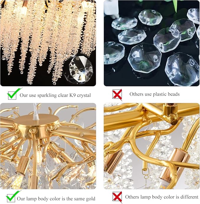 Crystal Tree Branches Chandeliers Luxury Round Raindrop Pendant Light Fixture Ceiling Hanging Light for Dining Room Bedroom Living Room Entryway D31.5“ Gold
