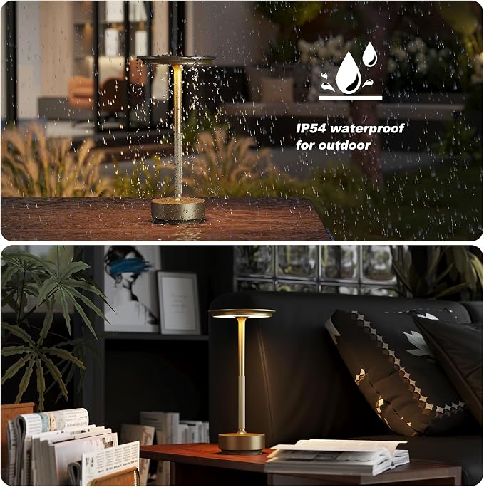 TBBGA 1 Pack Rechargeable Cordless Table Lamp, 5000mAh Battery Table Light | 3 Color Stepless Dimming Portable LED Table Light with Memory Function, for Outdoor/Dinner/Patio/Restaurant.(Gold)