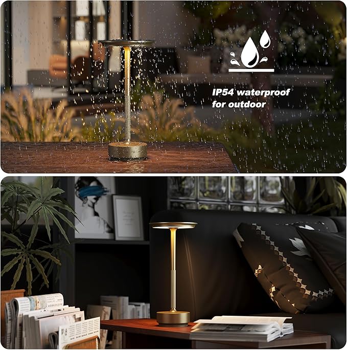 TBBGA 2 Pack Rechargeable Cordless Table Lamp, 5000mAh Battery Table Light | 3 Color Stepless Dimming Portable LED Table Light with Memory Function, for Outdoor/Dinner/Patio/Restaurant.(Gold)