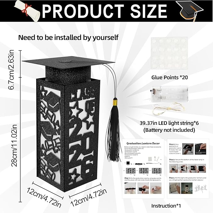 6 Pcs Graduation Table Centerpieces Boxes Class of 2026, Black Graduation Paper Lanterns Boxes with String Lights Hollow Out for Congrats Grad School College Table Decorations Grad Party Photo Props