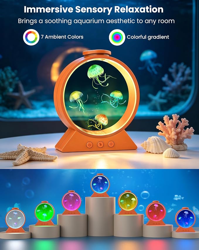 Jellyfish Lamp for Sleep Anxiety Calming Light for Bedroom(Cosmic Orange) | Whisper-Quiet Sensory | 7 Soft Color Modes | Adjustable Water Flow | 8H Auto-Off Timer | Rounded Tank Lamp Gift for All Ages