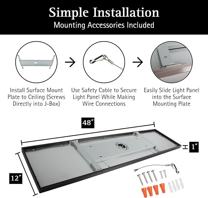 UltraLux 1x4 Surface Mount LED Panel TRIAC Dimmable 3CCT Matte Black 1Pk | 3000 lumens, 120-degree beam, CRI>80, aluminum build, damp-rated, fits junction boxes, over 50,000 hours, 5-year warranty