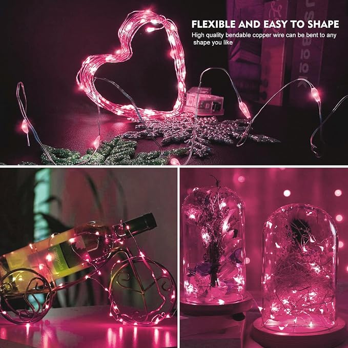 AIKEI 100 Pack LED Fairy Lights Battery Operated, Mini String Lights Waterproof 7 Feet 20 Led Firefly Starry Lamps for Wedding Party Bedroom Garden Valentines Christmas Decoration Pink