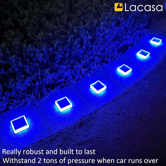 Lacasa Solar Deck Lights, 4 Pack 30LM LED Dock Lights Blue Light, Outdoor Solar Powered Step Lights Light up All Night IP68 Waterproof Auto ON/Off for Garden Stairs Driveway Pathway Lighting