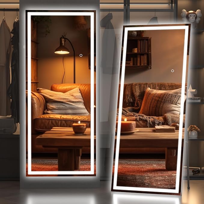 Hasipu Full Length Mirror with Lights, 67" x 24" LED Lighted Floor Standing, Full Body Dressing Hanging Mounted Mirror, Tempered Glass, Square Black