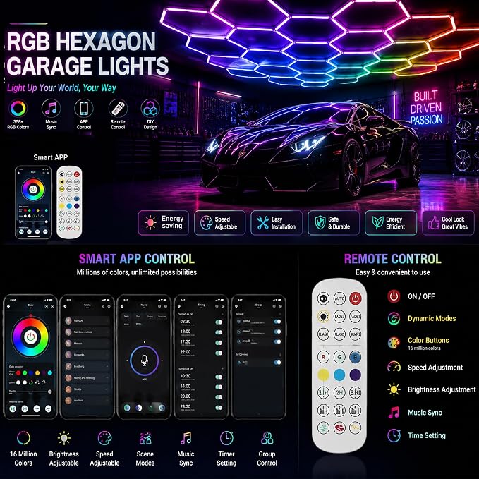 25Pack RGB 5 Hexagon LED Garage Lights-Music Sync Color Changing,App & Remote Control,358 Modes DIY Honeycomb Light for Gaming Room,Gym,Garage