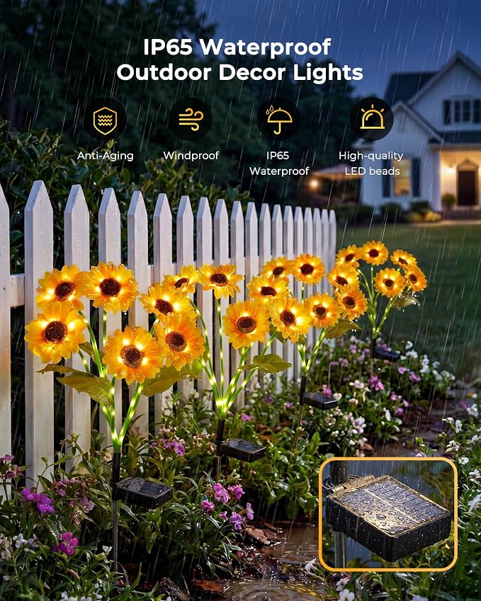 Brightown 3 Pack 6 Head Solar Sunflower Garden Stake Lights Waterproof | 18 glowing stem sunflowers, waterproof solar powered, auto on off decorative stakes for yard, patio, lawn outdoor decoration