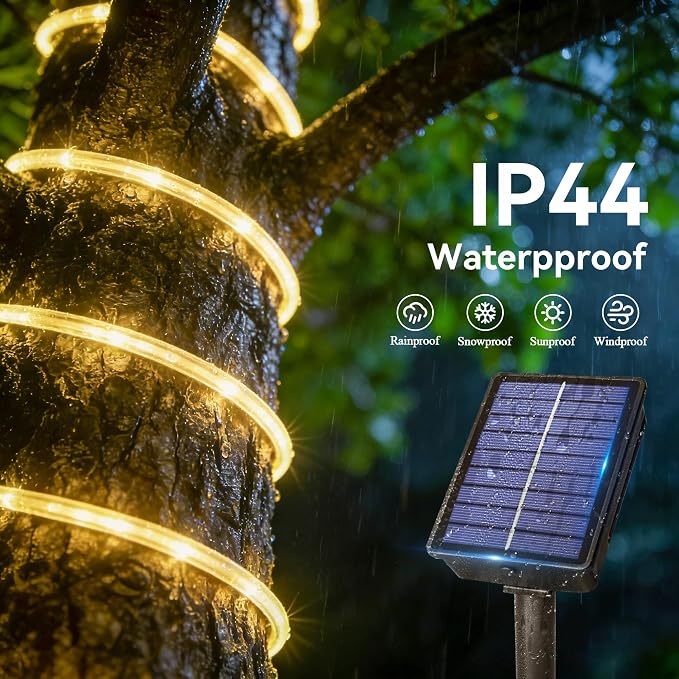Ollny Solar Rope Lights Outdoor, 33FT 100 LED Warm White String Lights with Remote, 8 Modes Waterproof Timer Tube Light for Tree Holiday Party Wedding Decor