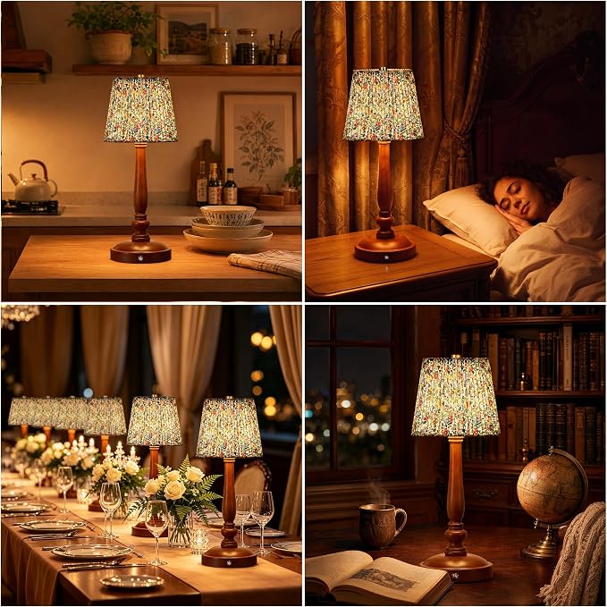 15.5'' Wireless Table Lamp, 5400mAh Rechargeable Small Bedside Touch Lamp | Wood Base, Fabric Lampshade, Built-in LED, 3 CCT, Stepless Dimming, Memory Function, Nightstand Lamp for Bedroom, Living Room