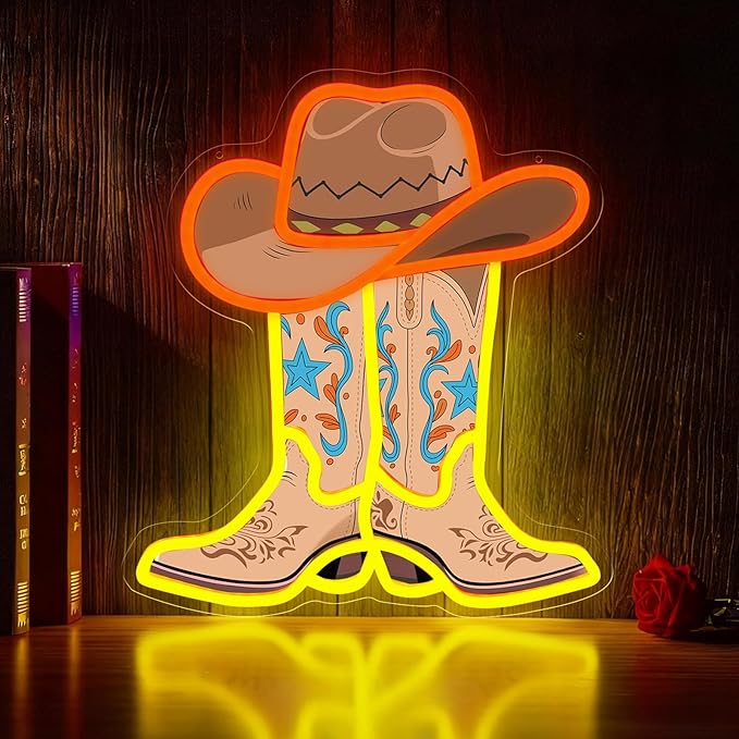 Cowboy Boot Neon Sign for Wall Decor Cowboy Hat Light Up Sign Dimmable Western Neon Sign for Game Room, Bedroom, Man Cave, Bar, Country Party Decor Rodeo Gifts for Birthday, Christmas