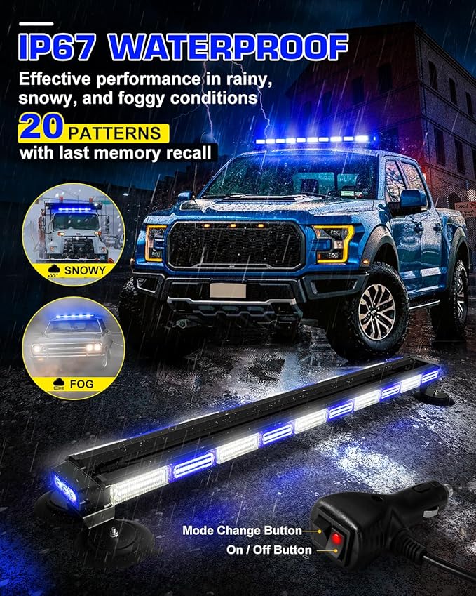 42" Emergency Traffic Advisor Light Bar Roof Top Emergency Strobe Light Bar Double Side Safty Flashing w/Magentic Mount for Construction Vehicles Plow Tow Trucks Pickup, Blue/White