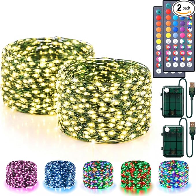 Lovelite Fairy Lights Battery & USB Operated, 2 Pack Total 40FT 120LED Christmas Fairy Lights 34 Colors Changing, Waterproof String Lights Green Wire for Bedroom Xmas Tree Indoor Outdoor Party Decor