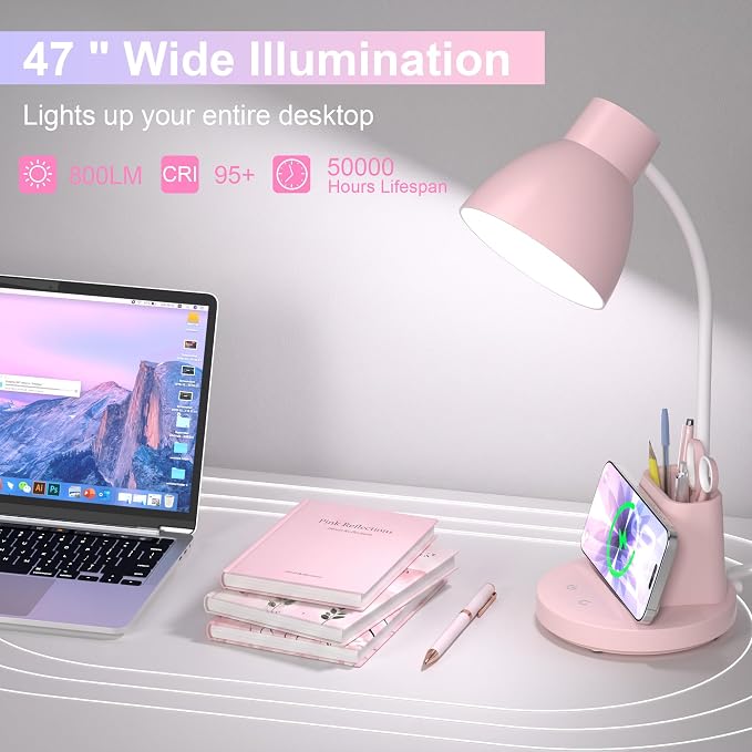 10W Wireless Charging LED Desk Lamp with Pen Holder, CRI 95, Pink | 800LM, 3 Modes, 360°Flexible Arm, Touch, Brightness, Table Lamp for Home Office, Dorm, Bedside, Study, Reading, with Adapter