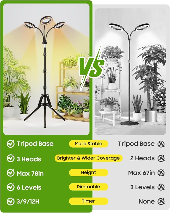 Grow Lights for Indoor Plants, Full Spectrum LED Plant Light with Tripod Stand, Plant Growing Lamps with Timer 3/9/12H, 3 Color Modes, 6 Brightness, 78'' Adjustable Height for Large Plants