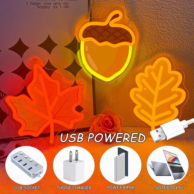 3Pcs Fall Thanksgiving Neon Signs UV-Printed Maple Leaf Acorn Led Neon Sign | USB UV-Printed Autumn Neon Light Up Sign for Mantel Porch Kitchen Wall Decor Harvest Party Thanksgiving Present