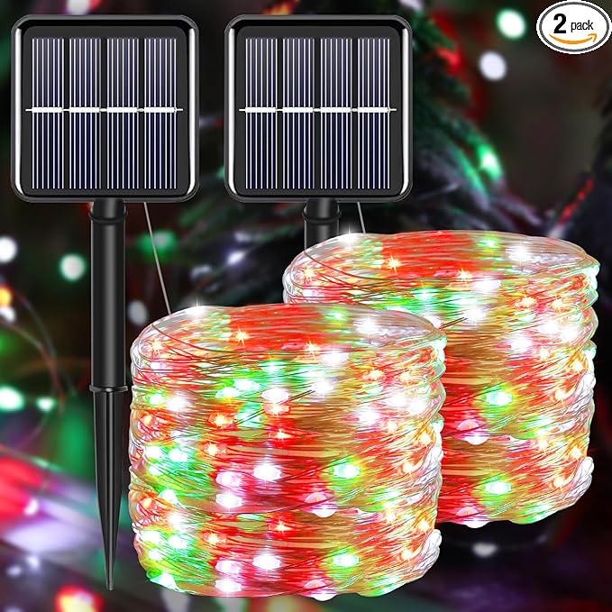 Solar Christmas Lights Outdoor Waterproof, Red White Green Fairy String Lights, IP67 2PACK Total 200LED 66FT with 8Modes, Outside Christmas Decorations Lights for Tree, Garden, Patio, Fence, Balcony