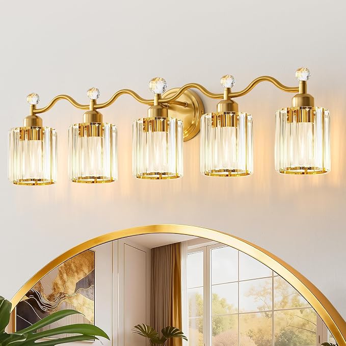 5-Light Gold Bathroom Light Fixtures,Modern Bathroom Vanity Lights Fixture with Clear Crystal Glass Shade, Modern Crystal 5 Lights Wall Sconce for Mirror Bedroom Living Room