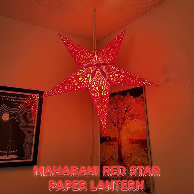 GalaxyArts Paper Star Lantern, 24-Inch Maharani Red, 3D 5-Point Hanging Light Up Lamp for Christmas, Diwali, Weddings, Parties, Birthday, Handmade Foldable Indoor Outdoor Ceiling Decoration