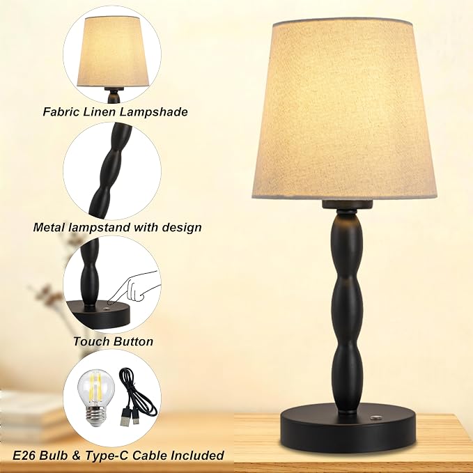 Rechargeable Cordless Table Lamp, 5000mAh Battery Powered Touch Desk Lamp, 3-Level & Stepless Dimmable Night Light, Portable Bedside Lamp for Bedroom, Outdoor, Bulb Included, Black