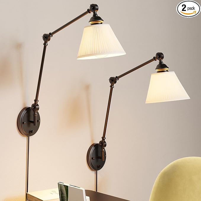 Plug in Wall Sconces Set of Two, Black Swing Arm Wall Lamp with 6.6FT Plug-in Cord and Knob Switch, Fabric Wall Lights for Bedroom, Reading, Study Room, Office, Living Room (2 Pack)