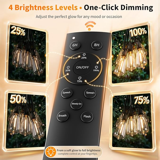 Hotsonic Remote Control Outdoor String Lights Waterproof, 50FT LED Outside Lights with Shatterproof Bulbs, Dimmable Hanging Lights 3 Modes for Patio Porch Garden Pergola Yard House Bistro Party Decors