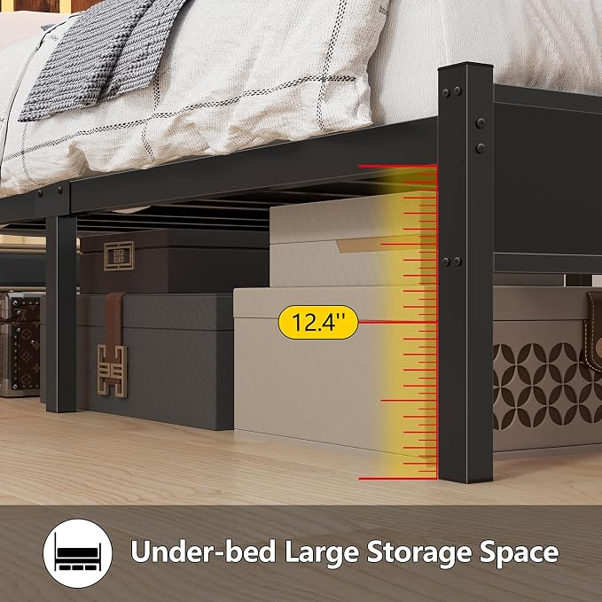 CSZZD Twin Size Bed Frame with Storage Headboard and LED Lights | Twin Bed with Charging Station & Storage Shelves, Black Metal Platform Bed with Under-Bed Storage, No Box Spring Needed