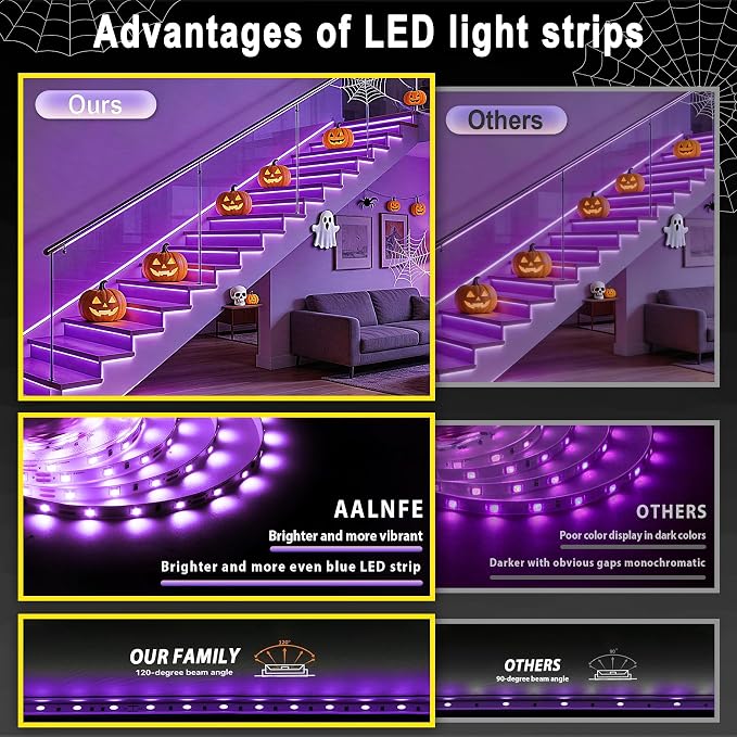 Purple 50 FT LED Lights Strip Indoor Rope Lights | Halloween Decor, LED Rope Lights, Easy DIY Cuttable, For Room Bathroom Living Room Kitchen, Ceiling Wall Vanity Mirror Decor
