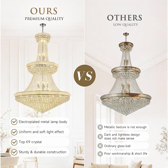 42-Lights Large Crystal Chandelier 48-Inch Modern Light Fixture - High Ceiling Foyer Lighting Fixtures Ceiling Empire Chandelier - Entryway, Dining Room, LED Chandelier 42 Bulbs Included, Silver