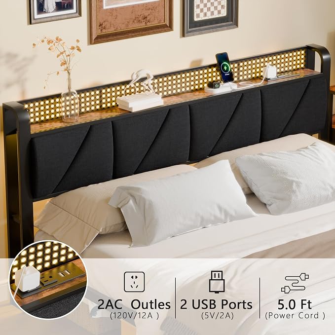 King Size Bed Frame with Storage Shelf and Upholstered Headboard | Metal Platform Bed with LED Light, Charging Station and Heavy Duty Slats, No Box Spring Needed, Noise Free & Easy Assembly