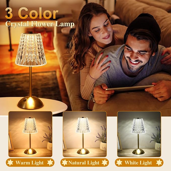 Cordless lamp,Dimmable Crystal Table Lamp 3 Colors LED Gold Lamp | 3 color modes with adjustable brightness for bedrooms, offices and home decor. Great gift for women, moms, teachers & friends