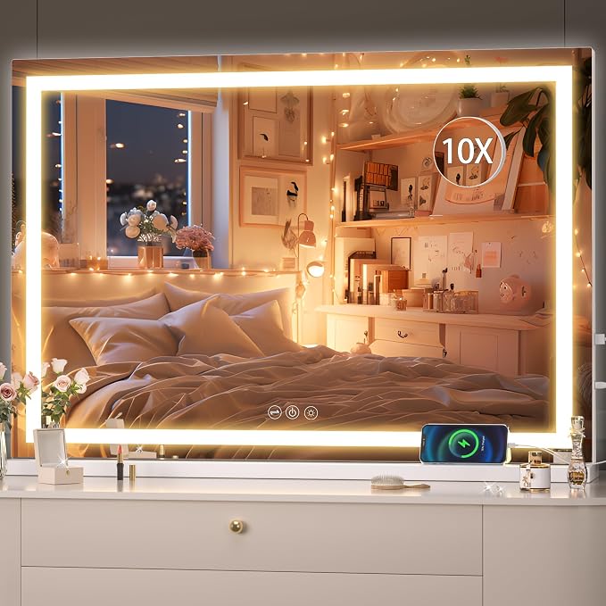 Hasipu Vanity Mirror with Lights, 37" x 26" LED Makeup Mirror, Lighted Makeup Mirror with Dimmable 3 Modes, Touch Screen Control Vanity Mirror Square White