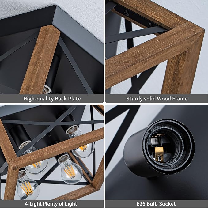 4-Light Famrhouse Light Fixture, Rustic Ceiling Light with Wood and Metal Frame, Farmhouse Flush Mount Ceiling Light for Hallway, Entryway, Bedroom, Kitchen, Living Room