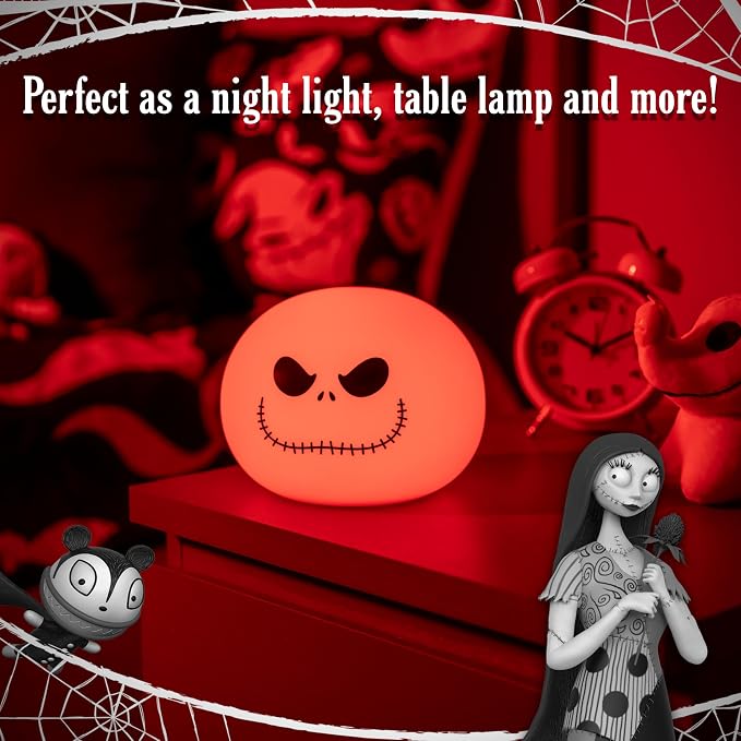Disney Squish'ems Jack Skellington Night Light for Kids, Soft Silicone | 13 Color Modes and Dimmable Warm White Light for Kids Room, Bedroom, and Playroom, USB Powered with AAA Battery Option