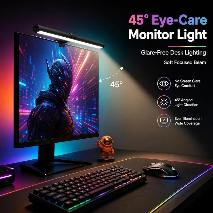 RGB Monitor Light Bar Dual USB Reading Screen Lamp Touch Switch | Dual-Sided 15 Modes Gaming Ambient Light Bar Eye-Care Non-Remote RGB Mood Lighting Lamp for Home Office Study 15" x 0.8"