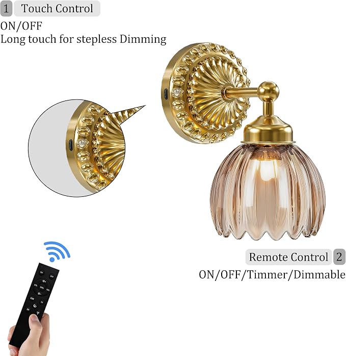 Battery Operated Wall Sconce, Vintage Wall Light, 2 Pack, Amber Tulip Glass | Gold Metal Base, 5200mAh Rechargeable, Dimmable LED, Remote Control, Cordless, Bedside, Bedroom, Doorway, Living Room