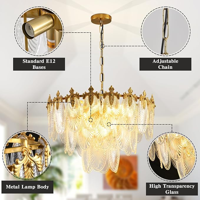 Antique Chandelier 3-Tier Glass Crystal Chandeliers, 9-Lights Gold Round Pendant Light 23.6" Brushed Brass Adjustable Height, Applicable to Dining Room, Bedroom, Living Room, Foyer, Kitchen