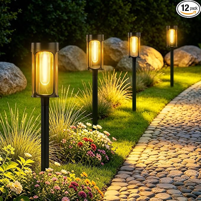 Solar Lights Outdoor, 12 Pack Waterproof IP65 Auto On/Off Solar Pathway Lights 3000K for Garden, Landscape, Path, Yard, Patio, Driveway,Walkway Decor, Landscape Lighting