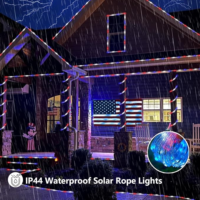 YEGUO 4th of July Decorations Red White and Blue Lights, 2 Packs Each 33ft 100 LED Solar Rope Light, 8 Modes Fairy Lights in Clear Thin Tube for Patriotic Independence Memorial Day Decor
