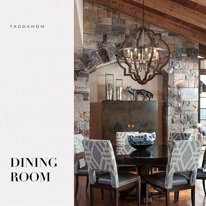 31.5'' 8-Light Farmhouse Chandelier for Dining Room Vintage Rustic Oak Brown Wood Pendant Light Fixtures Globe Hanging Ceiling Lighting for Hallway Entry