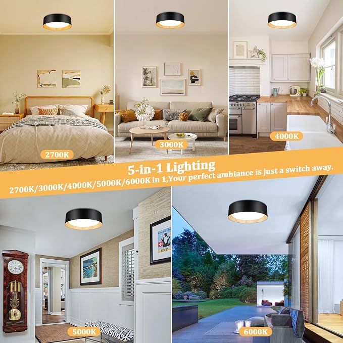 Flush Mount Ceiling Light, 13in Modern Ceiling Light 5 Color Temperature | 25W Bathroom Ceiling Light Fixture, 2600LM Dimmable LED Flush Mount Light for Bedroom, Hallway, Kitchen, Black & Wood, 2-Pack