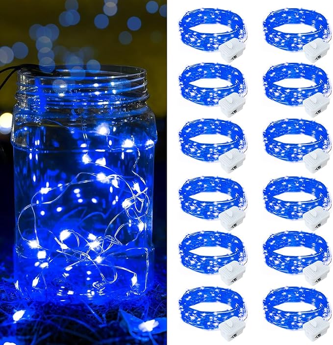 12 Pack Blue Fairy Lights Battery Operated, 7ft 20 LED Mini String Twinkle Lights for Easter Christmas Halloween Mason Jars Centerpiece Table Decorations (12, Blue)