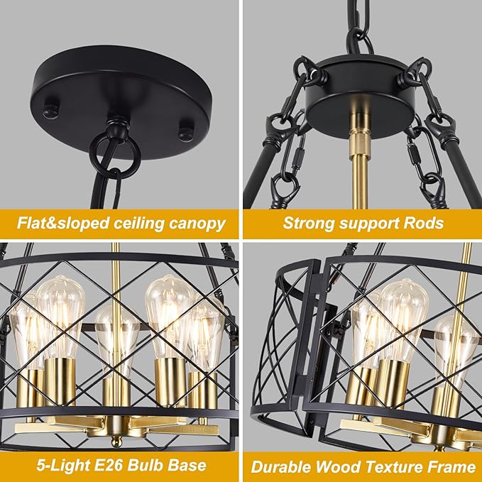 21'' Farmhouse Chandelier, 5-Light Black and Gold Dining Room Light Fixture Over Table, Rustic Industrial Drum Hanging Pendant Lights Fixture for Kitchen Island Living Room Bedroom Hallway Entryway