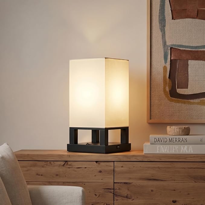 Brightech Maxwell Bedside Lamp with USB Port – Compact Table Lamp for Bedroom, Living Room - Modern Asian Nightstand Lamp with Wood Frame - LED Bulb, Soft Light - Black