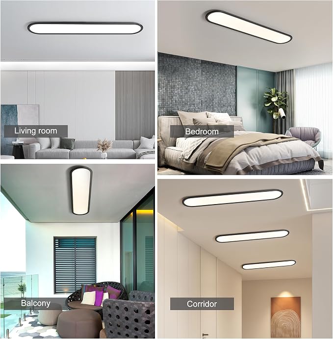 55.1" High Brightness Linear LED Ceiling Lamp, 60W Dimmable Low Profile Flush Mount LED Flat Panel Long Ceiling Light Fixture for Kitchen Office Laundry Shop, Black