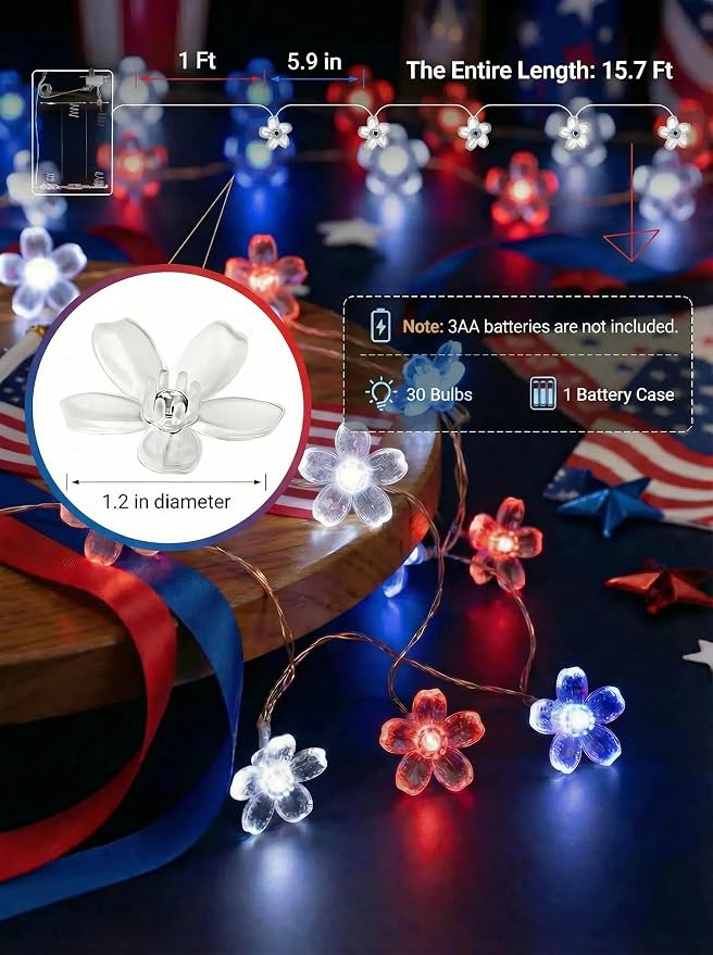July 4th Independence Day Flower Battery Operated Indoor String Lights 30L | Red Blue White Cherry Blossom Outdoor Fairy Lights Waterproof Memorial Day