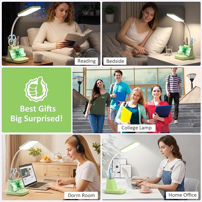LED Desk Lamp with 10W Wireless Charging & Pen Holder, Light Green | CRI 95, 800LM, Stepless Dimming, 3 Modes, 360°Flexible Arm, Touch, Study Table Lamp for Home Office, Dorm Room, with Adapter