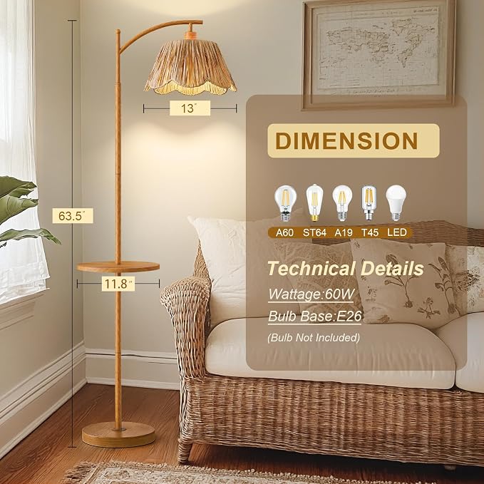63.5" Floor Lamp with Table for Living Room, Boho Rattan Standing Lamps with Foot Switch, Farmhouse Floor Lamp for Bedroom, Arc Tall Lamp with Metal Base&Pole, Bulb not Included, Woodgrain